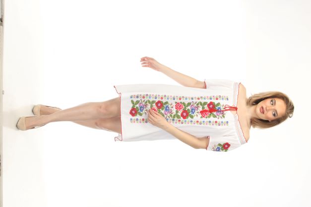 Short Dress - White-W-Multi Embroidery